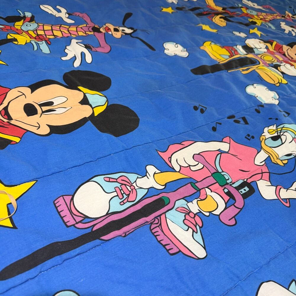 VTG 80s Disney Mickey Mouse Bicycle Reversible Blue Green Comforter Quilt Twim